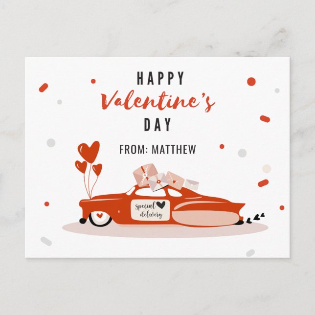 Red Car Valentines Day Card Kids Heart Balloons (Front)