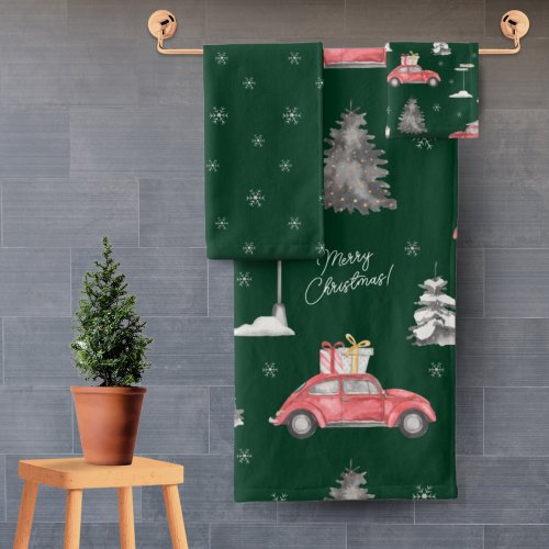 Red Car Winter Pattern Merry Christmas Green Bath Towel Set