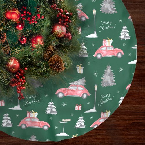 Red Car Winter Pattern Merry Christmas Green Brushed Polyester Tree Skirt