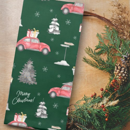Red Car Winter Pattern Merry Christmas Green Cloth Napkin