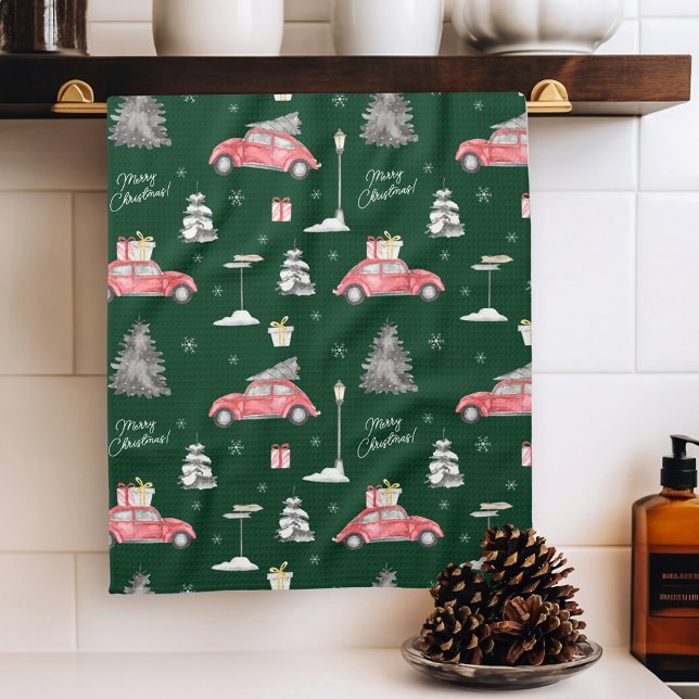 Red Car Winter Pattern Merry Christmas Green Kitchen Towel (Creator Uploaded)