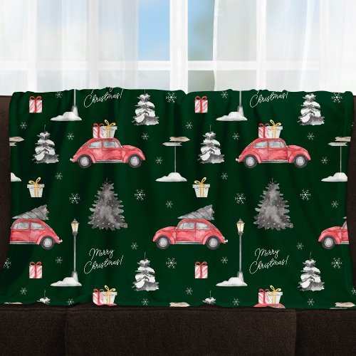 Red Car Winter Pattern Merry Christmas Green Large Fleece Blanket