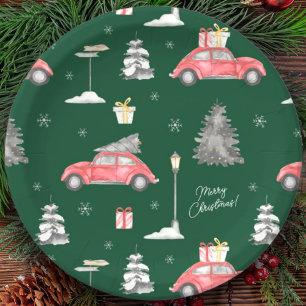 Red Car Winter Pattern Merry Christmas Green Paper Plates