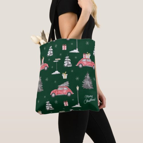 Red Car Winter Pattern Merry Christmas Green Tote Bag