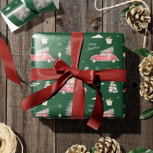 Red Car Winter Pattern Merry Christmas Green Wrapping Paper