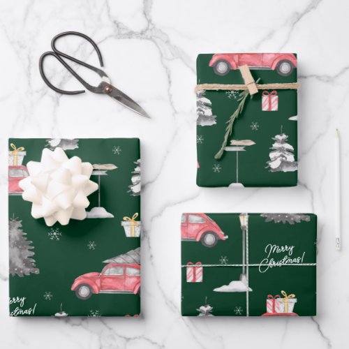 Red Car Winter Pattern Merry Christmas Green Wrapping Paper Sheets