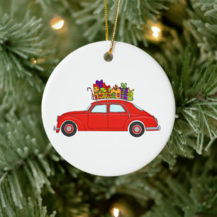Red Car with Christmas Gifts Ceramic Ornament