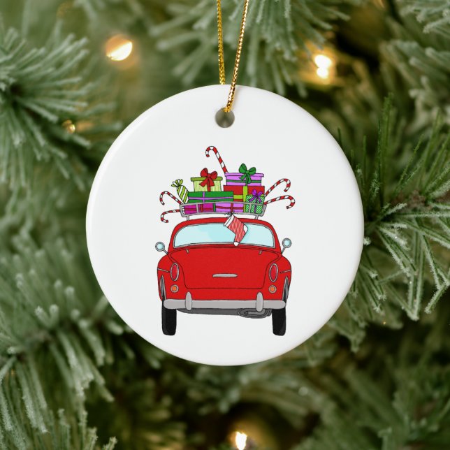 Red Car with Christmas Gifts Ceramic Ornament (Tree)