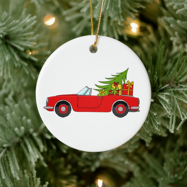 Red Car with Christmas Gifts Ceramic Ornament (Tree)