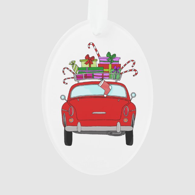 Red Car with Christmas Gifts Ornament (Back)