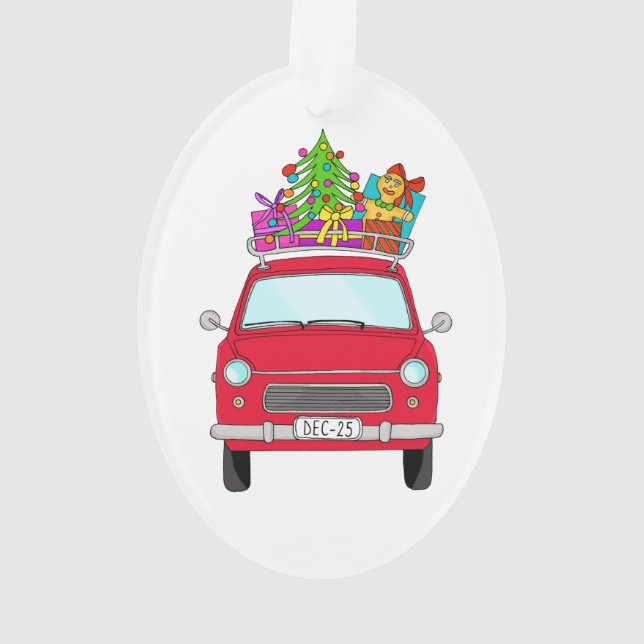 Red Car with Christmas Gifts Ornament (Back)