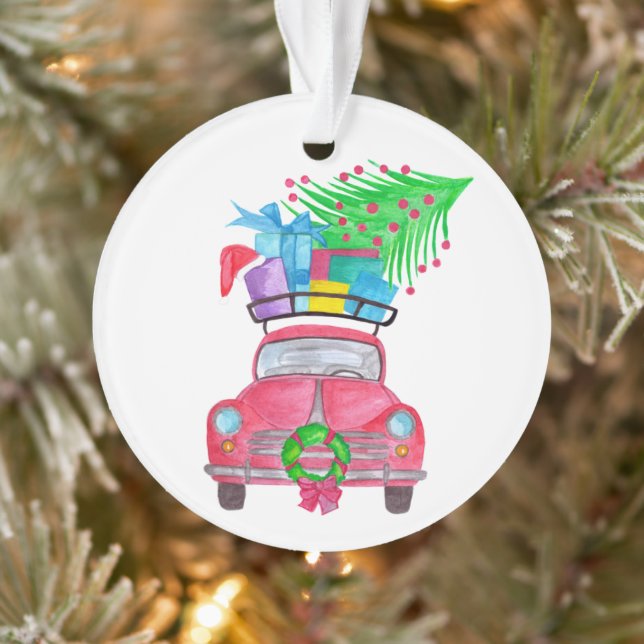 Red Car with Christmas Gifts Watercolor Ornament (Tree)