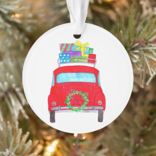 Red Car with Christmas Gifts Watercolor Ornament