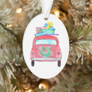 Red Car with Christmas Gifts Watercolor Ornament