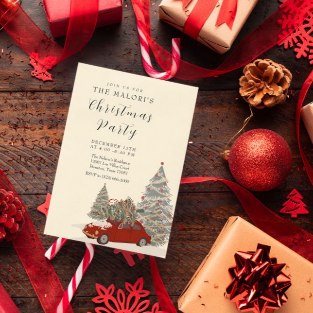 Red Car with Christmas Tree and Festive Winter Pin Invitation (Creator Uploaded)