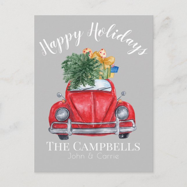 Red Car with Christmas Tree Customizable Holiday Postcard (Front)