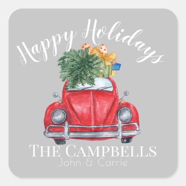 Red Car with Christmas Tree Customizable Square Sticker (Front)