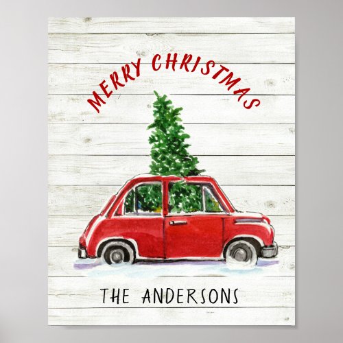 Red Car with Christmas tree on rustic woodgrain Poster