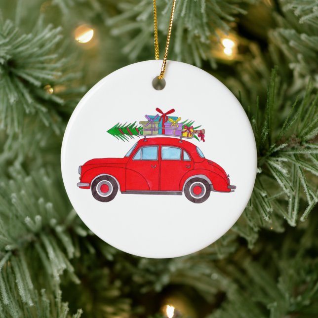 Red Car with Christmas tree Watercolor Ceramic Ornament (Tree)