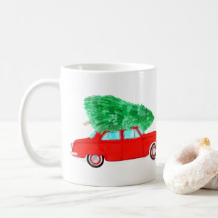 Red Car with Christmas tree Watercolor Coffee Mug