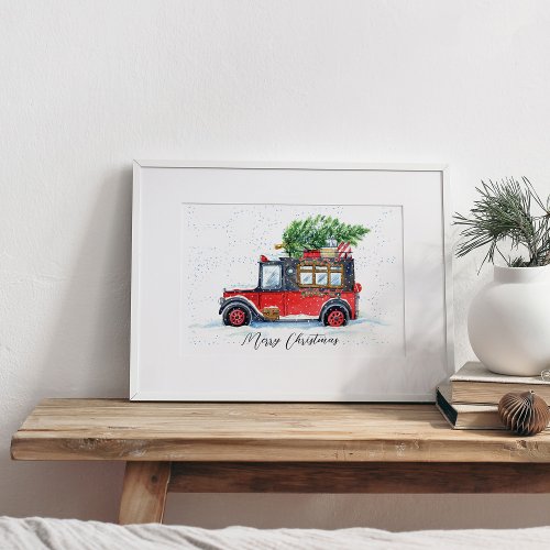 Red Car with Christmas Trees in Snow Poster