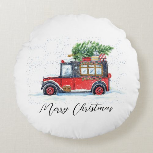 Red Car with Christmas Trees in Snow  Round Pillow