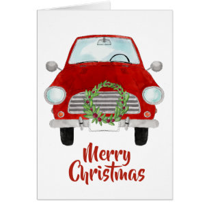Red Car with Christmas wreath Cards