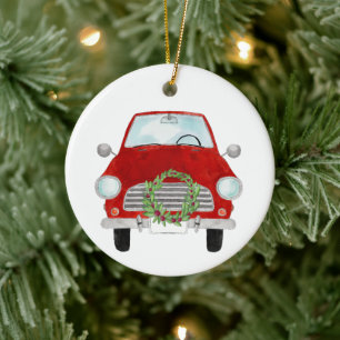 Red Car with Christmas wreath Ceramic Ornament