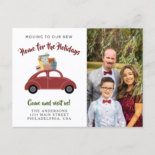  Red Car with Gifts Family Photo Holiday New Home Announcement Postcard