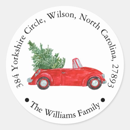 Red Car with Xmas Tree Holiday Return Address Classic Round Sticker