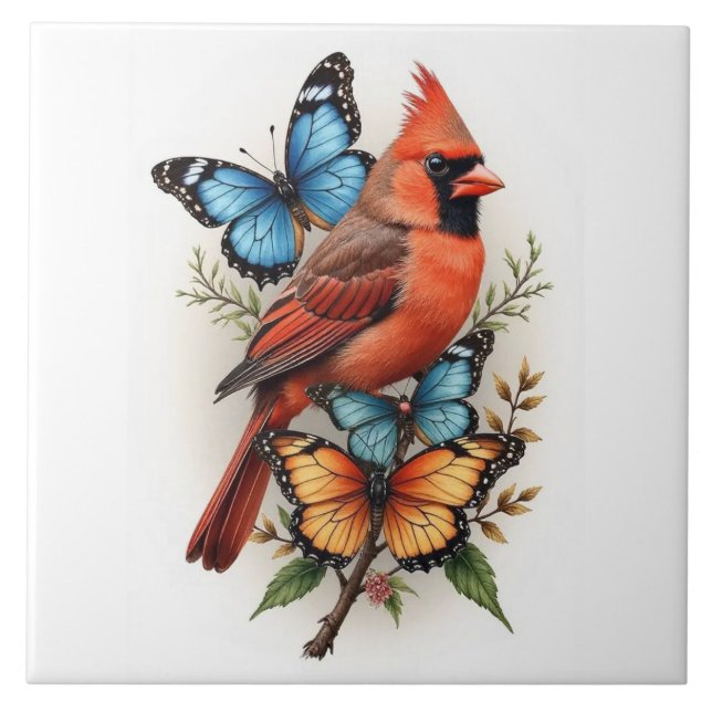 red cardinal and butterflies ceramic tile (Front)