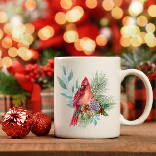 Red Cardinal and Christmas Greenery and Pine Cones Coffee Mug