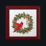 Red Cardinal and Christmas Wreath Gift Box<br><div class="desc">A pretty Christmas gift box for jewelry or precious keepsakes.  The original painting is a red Cardinal bird perched on a Christmas wreath of holly.  A pretty golden bow adds some sparkle to the design.  by international artist,  Jan Law.
A lovely gift for young girls and women.</div>