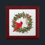 Red Cardinal and Christmas Wreath Gift Box<br><div class="desc">A pretty Christmas gift box for jewelry or precious keepsakes.  The original painting is a red Cardinal bird perched on a Christmas wreath of holly.  A pretty golden bow adds some sparkle to the design.  by international artist,  Jan Law.
A lovely gift for young girls and women.</div>