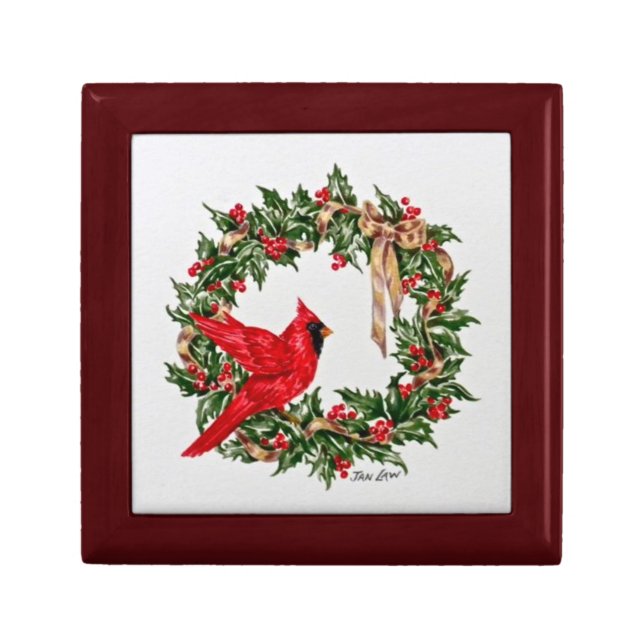 Red Cardinal and Christmas Wreath Gift Box (Front)