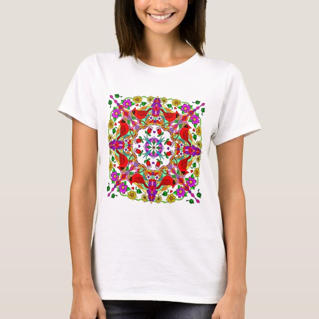 Red cardinal and Colorful Flowers Mandala T-Shirt (Front)