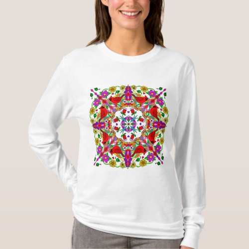 Red cardinal and Colorful Flowers Mandala   T_Shirt