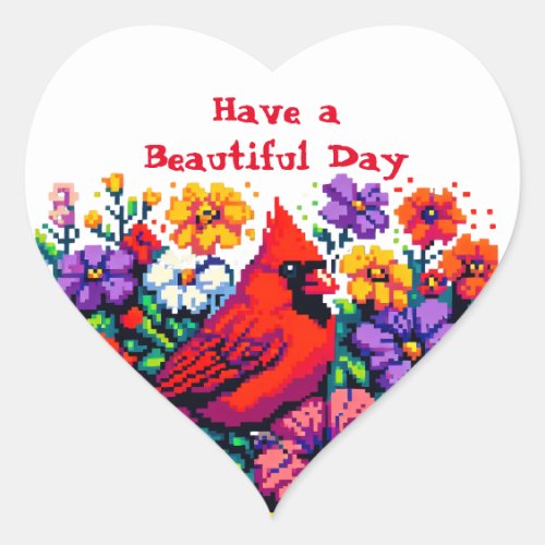 Red Cardinal and Flowers  Beautiful Day Heart Sticker