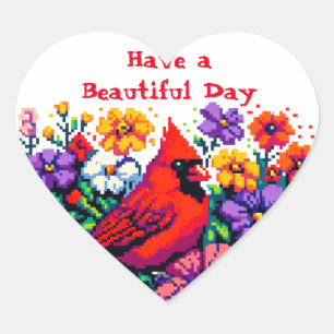 Red Cardinal and Flowers Beautiful Day Heart Sticker