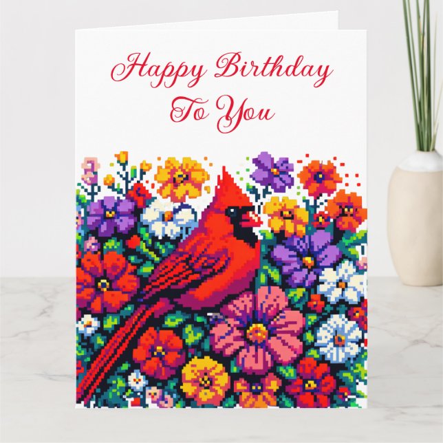 Red Cardinal and Flowers Personalized Birthday Card (Front)