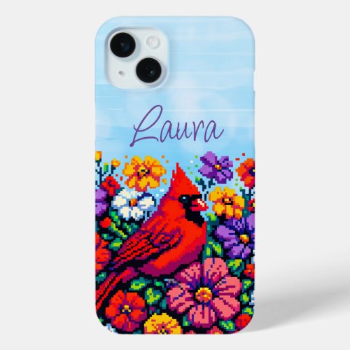 Red Cardinal and Flowers Pixel Art Personalized iPhone 15 Plus Case