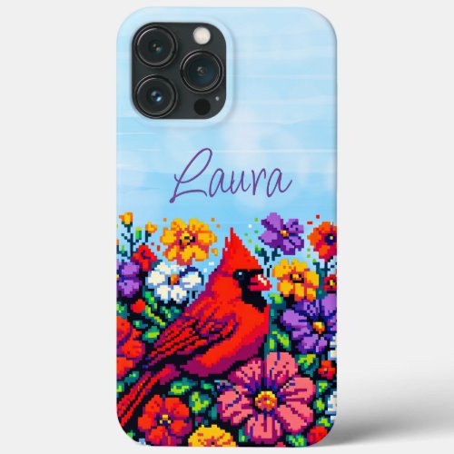 Red Cardinal and Flowers Pixel Art Personalized iPhone 13 Pro Max Case