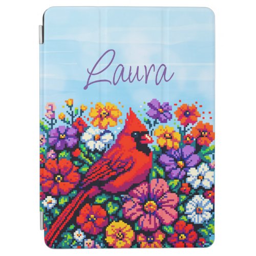 Red Cardinal and Flowers Pixel Art Personalized iPad Air Cover