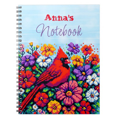 Red Cardinal and Flowers Pixel Art Personalized Notebook