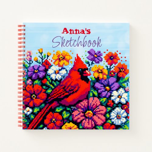 Red Cardinal and Flowers Pixel Art Personalized Notebook