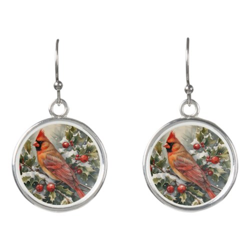 Red Cardinal and Holly Christmas Earrings