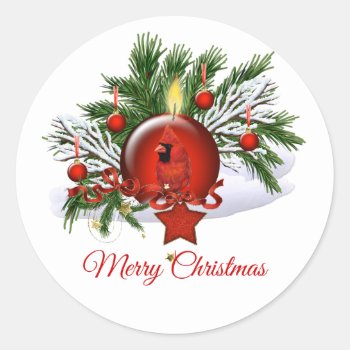 Red Cardinal And Ornament Christmas Sticker by ChristmasBellsRing at Zazzle