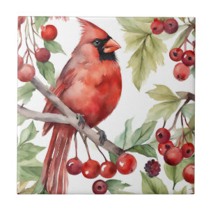 Red Cardinal and Red Berry Branch Christmas Ceramic Tile