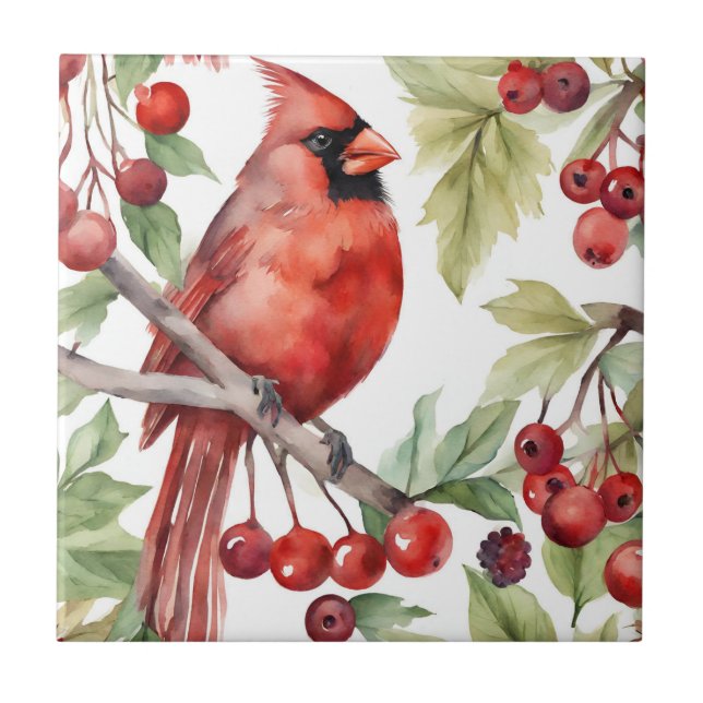 Red Cardinal and Red Berry Branch Christmas  Ceramic Tile (Front)