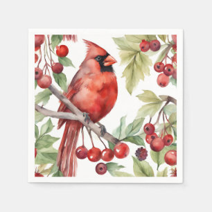 Red Cardinal and Red Berry Branch Christmas Napkins